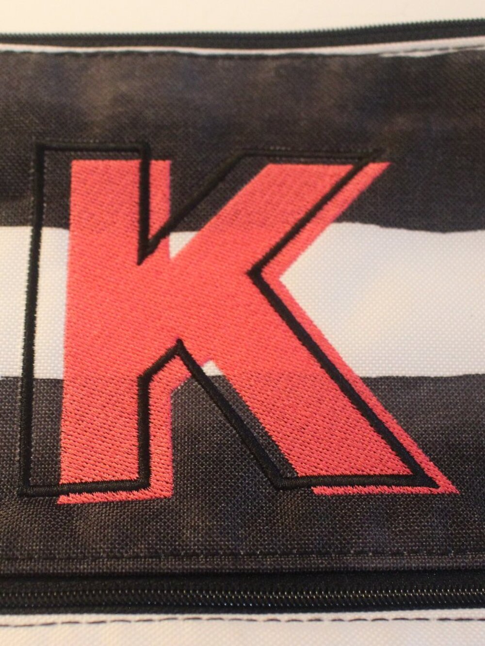 Black and White Striped Zip Pouch with Red Initial K